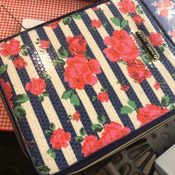 New in Box Betsy Johnson E-Reader Tablet Case in Sequined Blue Stripes w/ Roses - Picture 2 of 6